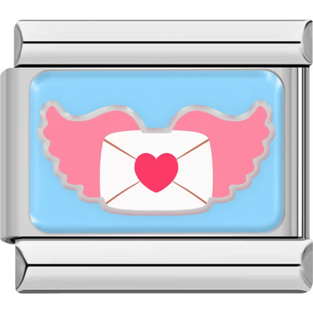 White envelope with pink wings and a heart seal flying on a light blue background.